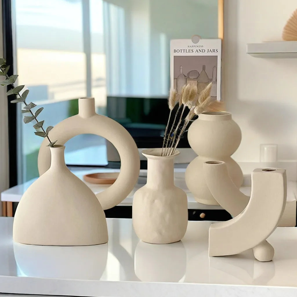 Nordic Polygon Circular Ceramic Vase Home Living Room TV Cabinet Desktop Homestay Art Decorations Dry Flower Arrangements Vase