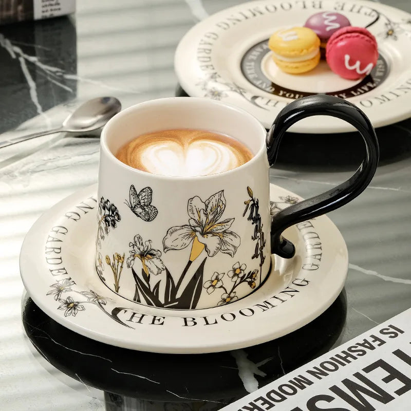 Mid Ancient Style Ceramic Coffee Cup and Plate Set One Cup and Plate Light Luxury and High-end Feel Mug Gift Cup