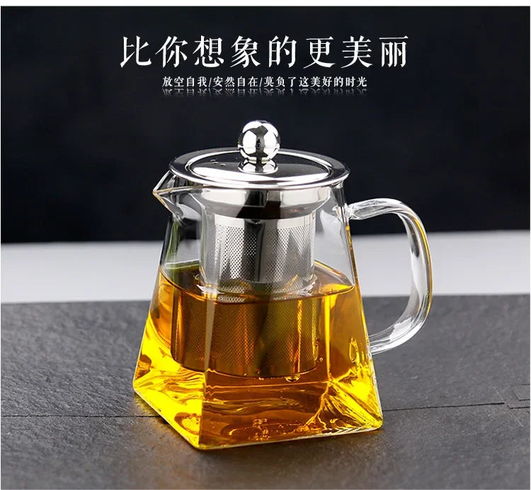 Heat Resistant Glass Teapot With Stainless Steel Coffee Infuser Heated Container Tea Pot Good Clear Kettle Square Filter Baskets