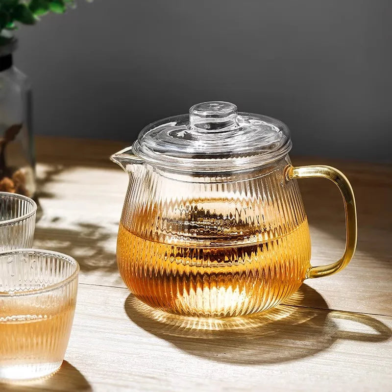 480/650ml Stripe Clear Glass Teapot With Tea Strainer Infuser Heat-resistant Kettle Kung Fu Flower Puer Oolong Pot Teaweare
