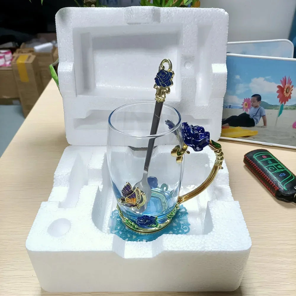 LMHBJY Beauty And Novelty Enamel Coffee Cup Mug Flower Tea Glass Cups Hot and Cold Drinks Tea Cup Spoon Set Perfect Wedding Gift