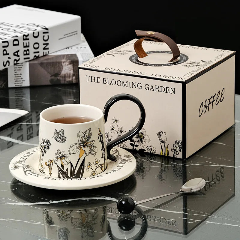 Mid Ancient Style Ceramic Coffee Cup and Plate Set One Cup and Plate Light Luxury and High-end Feel Mug Gift Cup