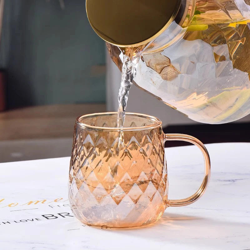 2/4pcs Diamond Textured Glass Cup Set Golden Teacup Mug With Handle Household Fruit Tea Coffee Milk Drinkware Cup Set 380ml