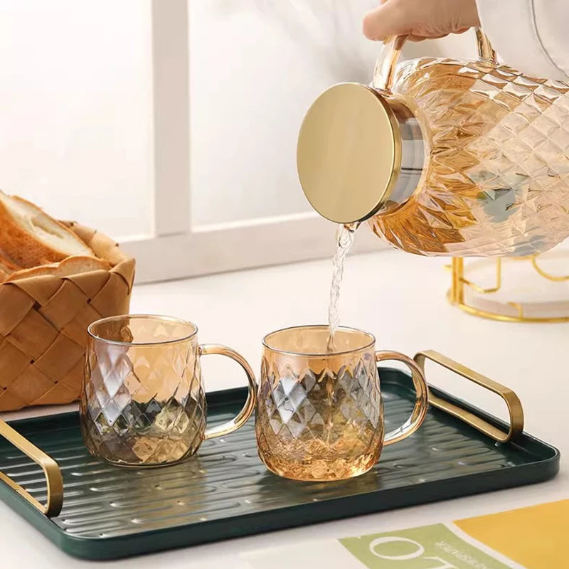 2/4pcs Diamond Textured Glass Cup Set Golden Teacup Mug With Handle Household Fruit Tea Coffee Milk Drinkware Cup Set 380ml