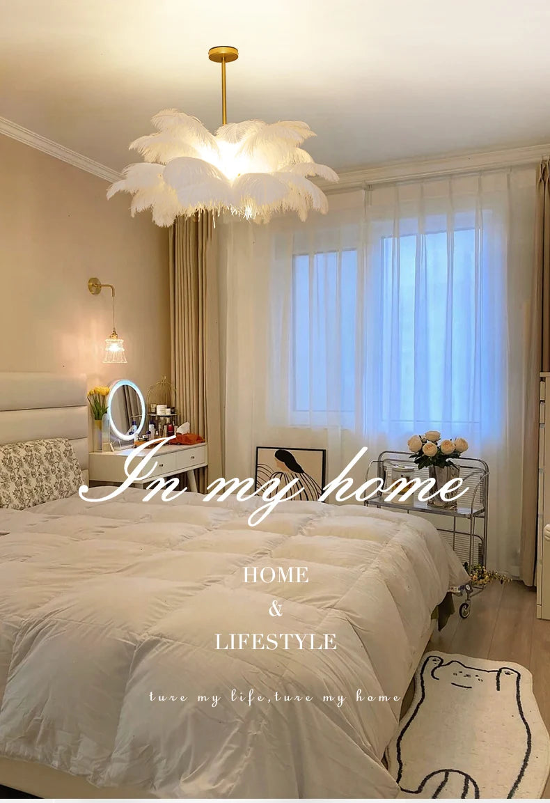 Nordic Ostrich Feather Lamp Led Pendant Lights Living Room Girl's Room Bedroom Indoor Lighting Chandelier Hanging Light Fixture