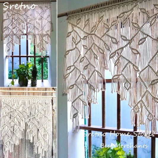 Nordic Style Room Decoration, Hand Woven Tapestry Home Wall Hanging Bohemian Leaf Curtains Door Curtains Macrame Wall Decoration