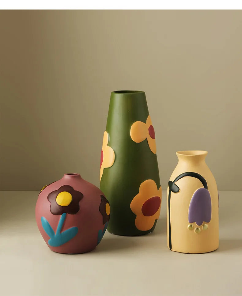 Nordic Morandi Painted Ceramic Vase Living Room Floral Arrangement Creative Home Modern Abstract Art Decoration