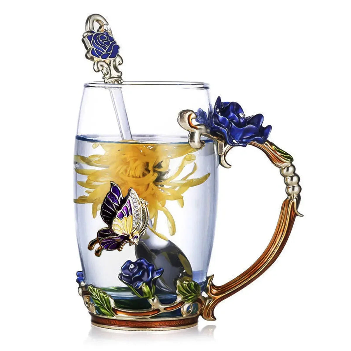 LMHBJY Beauty And Novelty Enamel Coffee Cup Mug Flower Tea Glass Cups Hot and Cold Drinks Tea Cup Spoon Set Perfect Wedding Gift