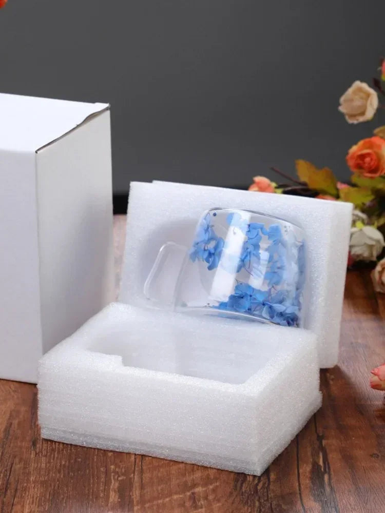 Double Wall High Borosilicate Clear Glass Cup Dried Flowers Glass Tea Cup Coffee Mug with Handle Heat Resistant Tea Cups