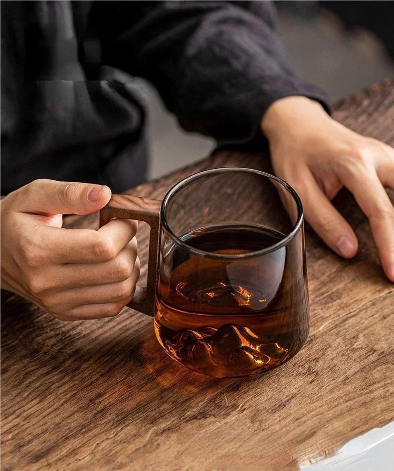 Guanshan Glass Single-layer Side Wooden Handle Drinking Cups Household Large-capacity Milk Tea Juice Single-layer Cup
