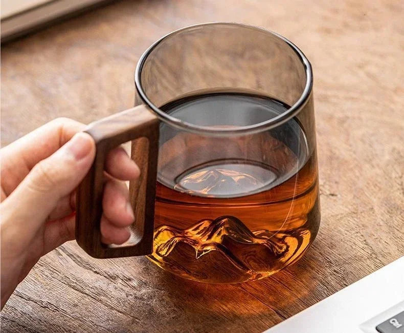 Guanshan Glass Single-layer Side Wooden Handle Drinking Cups Household Large-capacity Milk Tea Juice Single-layer Cup