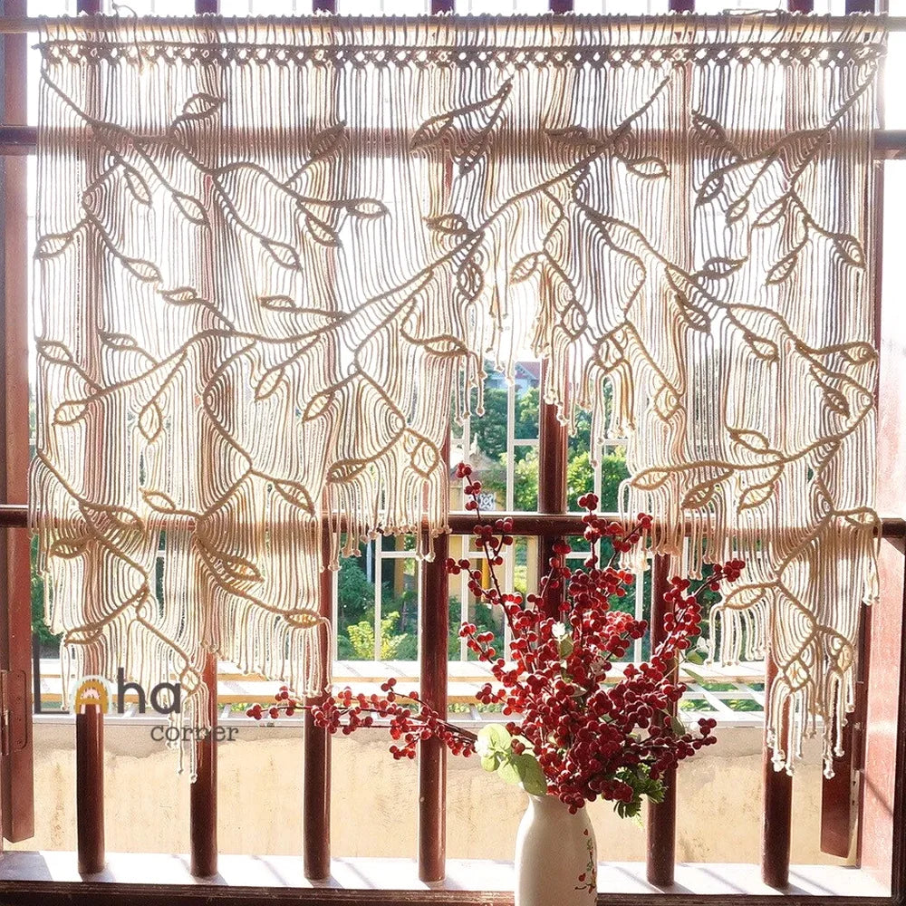 Nordic Style Room Decoration, Hand Woven Tapestry Home Wall Hanging Bohemian Leaf Curtains Door Curtains Macrame Wall Decoration