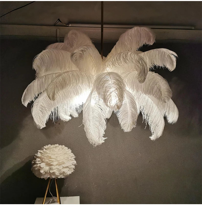 Nordic Ostrich Feather Lamp Led Pendant Lights Living Room Girl's Room Bedroom Indoor Lighting Chandelier Hanging Light Fixture