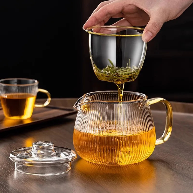 480/650ml Stripe Clear Glass Teapot With Tea Strainer Infuser Heat-resistant Kettle Kung Fu Flower Puer Oolong Pot Teaweare