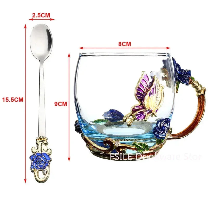 LMHBJY Beauty And Novelty Enamel Coffee Cup Mug Flower Tea Glass Cups Hot and Cold Drinks Tea Cup Spoon Set Perfect Wedding Gift