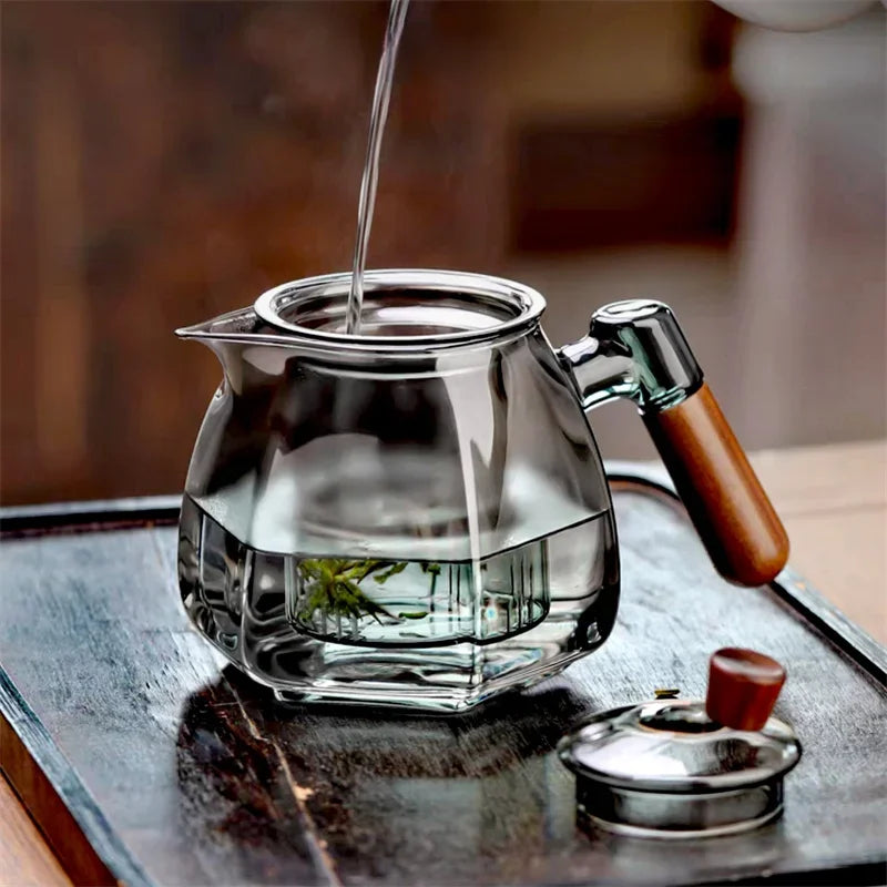 600ml Wooden Handle Hexagonal Glass Teapot with Tea Infsuer  Houshold Brewing Tea Pot Tea Ceremony Tea Maker Teaware