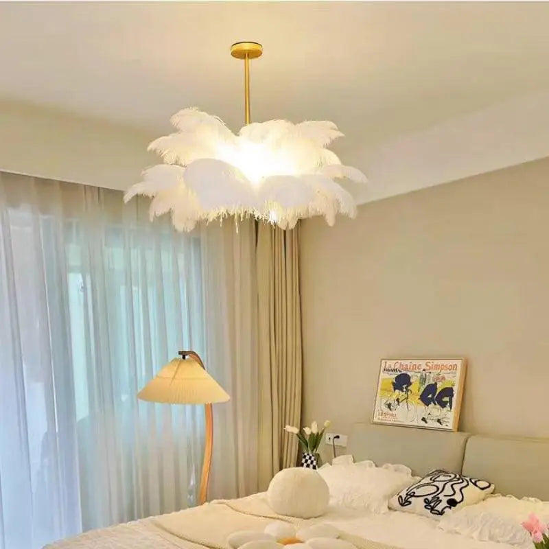 Nordic Ostrich Feather Lamp Led Pendant Lights Living Room Girl's Room Bedroom Indoor Lighting Chandelier Hanging Light Fixture
