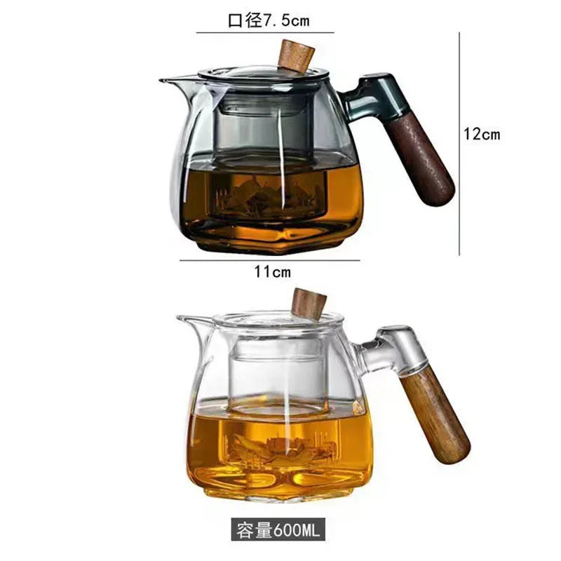 600ml Wooden Handle Hexagonal Glass Teapot with Tea Infsuer  Houshold Brewing Tea Pot Tea Ceremony Tea Maker Teaware