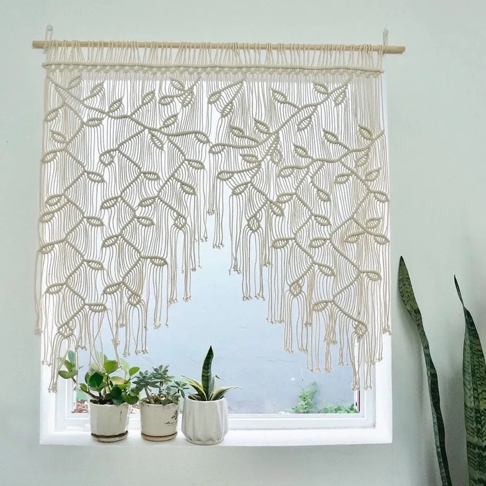 Nordic Style Room Decoration, Hand Woven Tapestry Home Wall Hanging Bohemian Leaf Curtains Door Curtains Macrame Wall Decoration