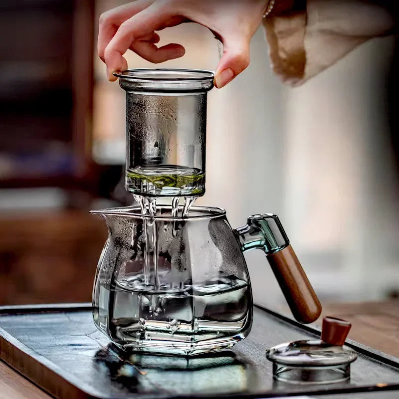 600ml Wooden Handle Hexagonal Glass Teapot with Tea Infsuer  Houshold Brewing Tea Pot Tea Ceremony Tea Maker Teaware