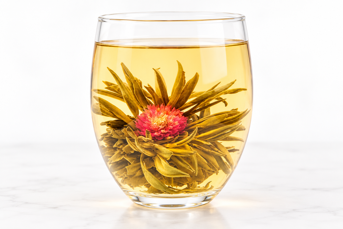 Blommande teboll som öppnat sig i ett glas varmt te