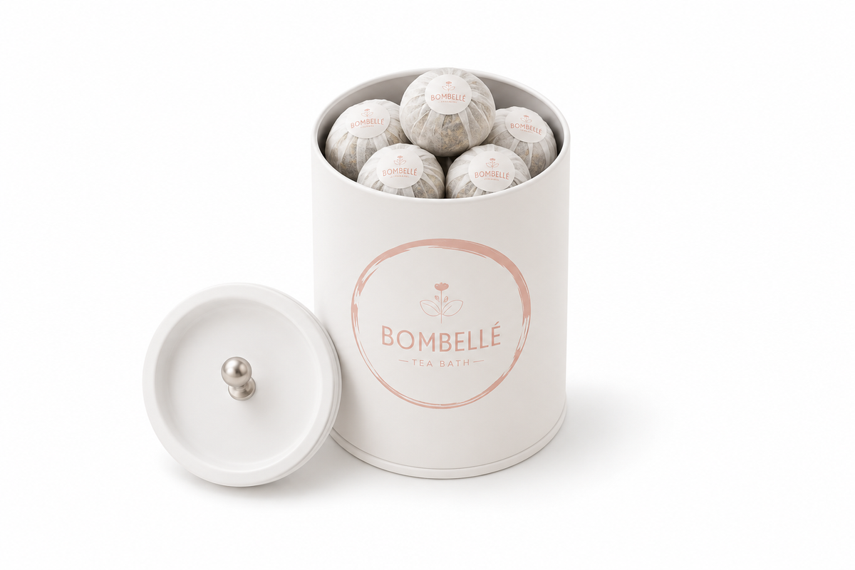 Bombellé teburk med individuellt förpackade blommande tebollar