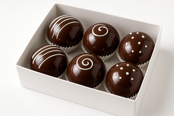 can you make a pic of 6 choclatebombs in glossy glykosbombs with easy designs with White choclate in a White easy giftbox with White background