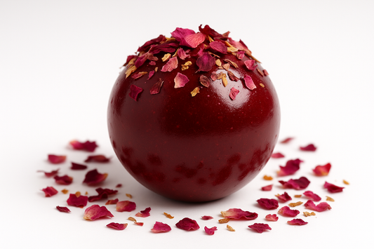 can-you-make-a-pic-of-Crimson Rose Bloom tea-bomb-in-a-glossy-glykos-bomb-with-some-dried-floder-on-and-white-background