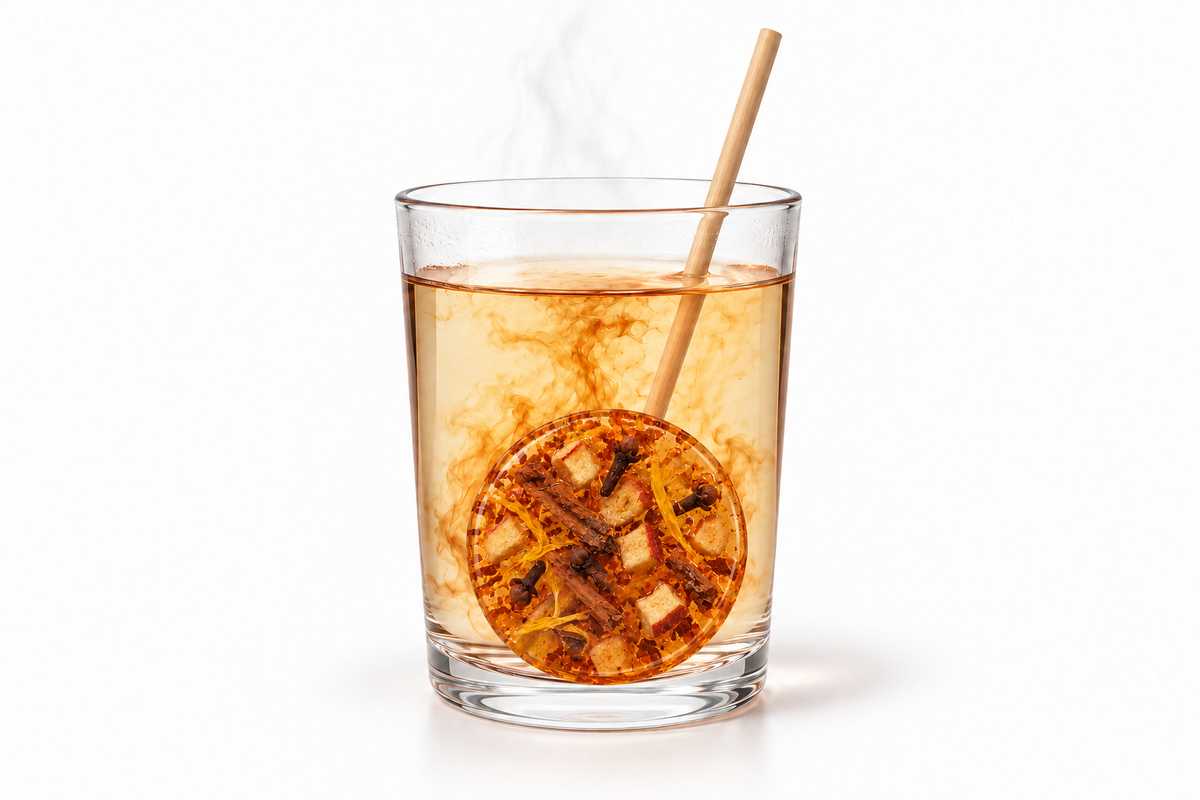 Cinnamon Dream – rund teklubba i ett glas varmt vatten