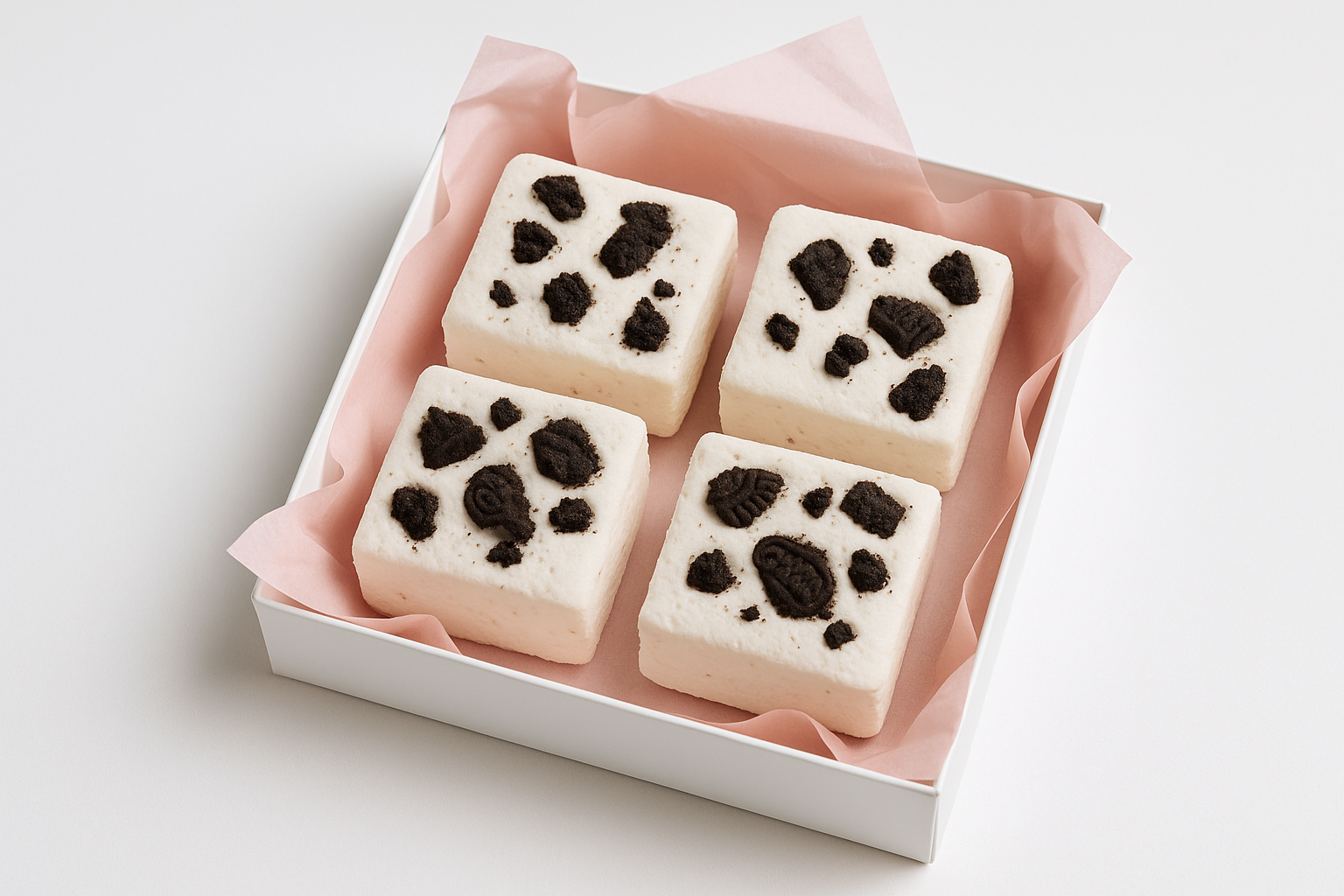 kan-du-g-ra-en-bild-p-4-mellan-stor-fyrkantigt-vit-mashmello-med-oreos-bitar-på i en vit gift box och med rosa gift papper under med-vit-background
