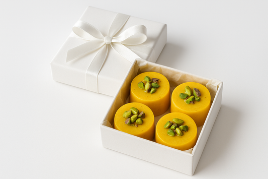 kan du göra en bild på en gift box med vit gift papper och 4 gula runda cylinder saffran choklad med pistage på och vit bakgrund