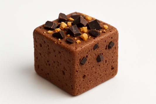 kan du göra en bild på en mellan stor fyrkantigt mjölk choklad brun mashmello med choklad bitar och bisquit bitar på med vit background 