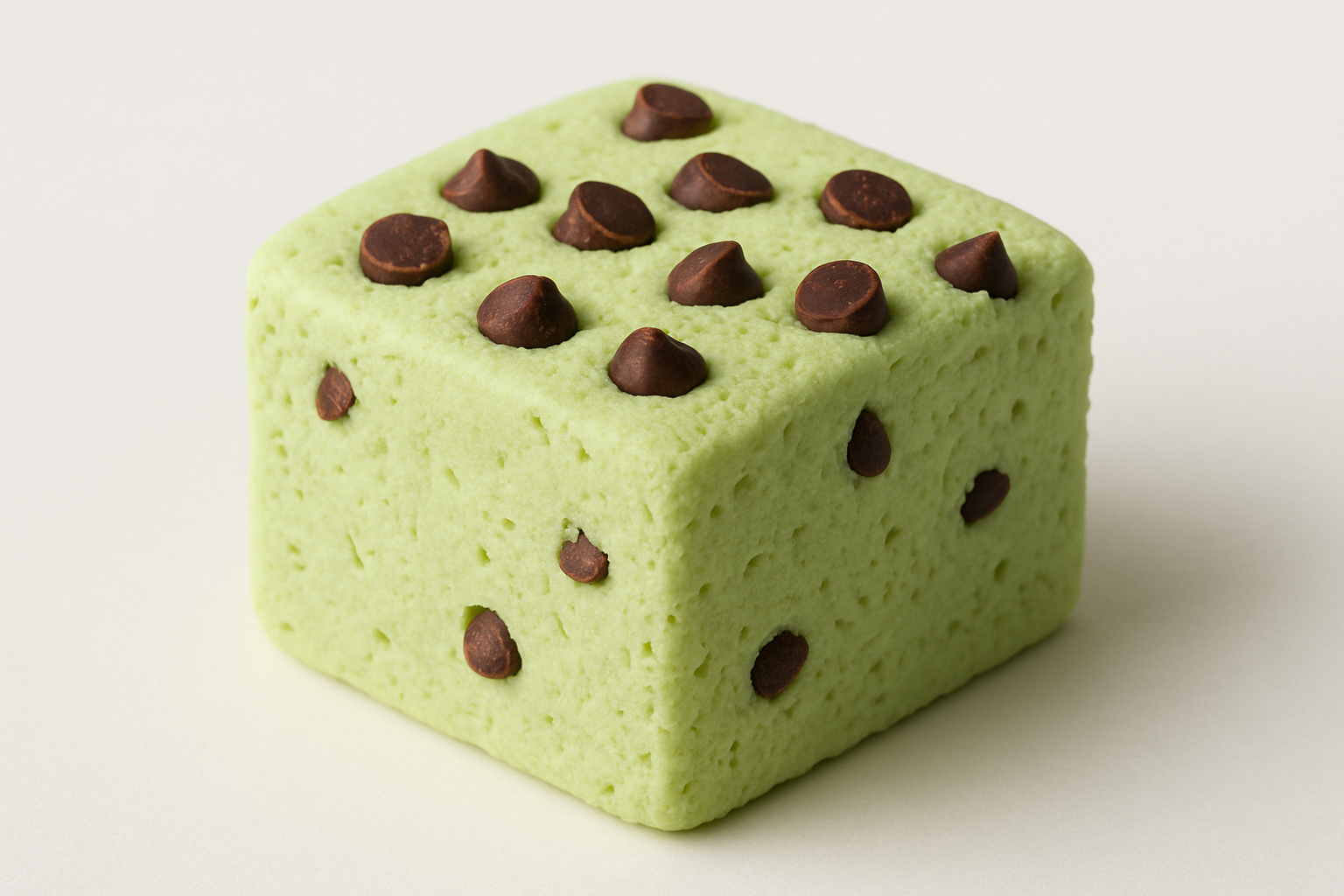 kan du göra en bild på en mellan stor fyrkantigt pistage grön marsmello med choklad bitar på och vit background 