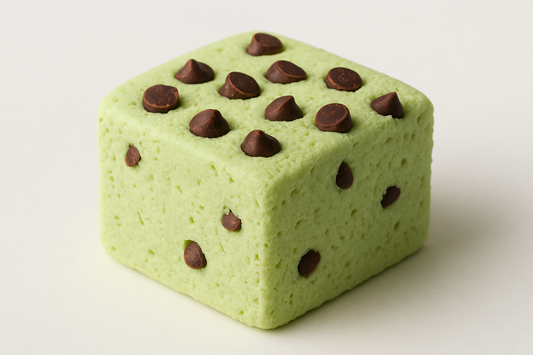 kan du göra en bild på en mellan stor fyrkantigt pistage grön marsmello med choklad bitar på och vit background 