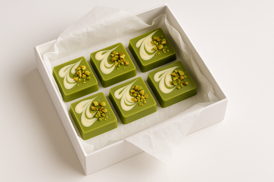 kan-du-g-ra-en-bild-p-en-vit-gift-box-med-vit-gift-papper-i-och-6-fyrkantiga-matcha-choklad-som-är designade med vit choklad-och-pistage-p-och-vit-bakgrund