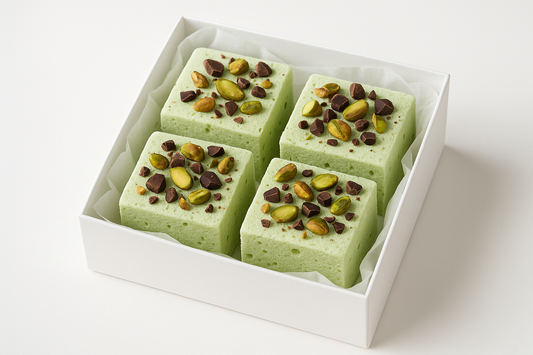 kan-du-ska-bild-på 4-mellan-stor-fyrkantig-baby-gr-n-marsmello-med-pistage-och-choklad-bitar-i-och-på i en vit gift box med vit gift papper under-och-vit-background