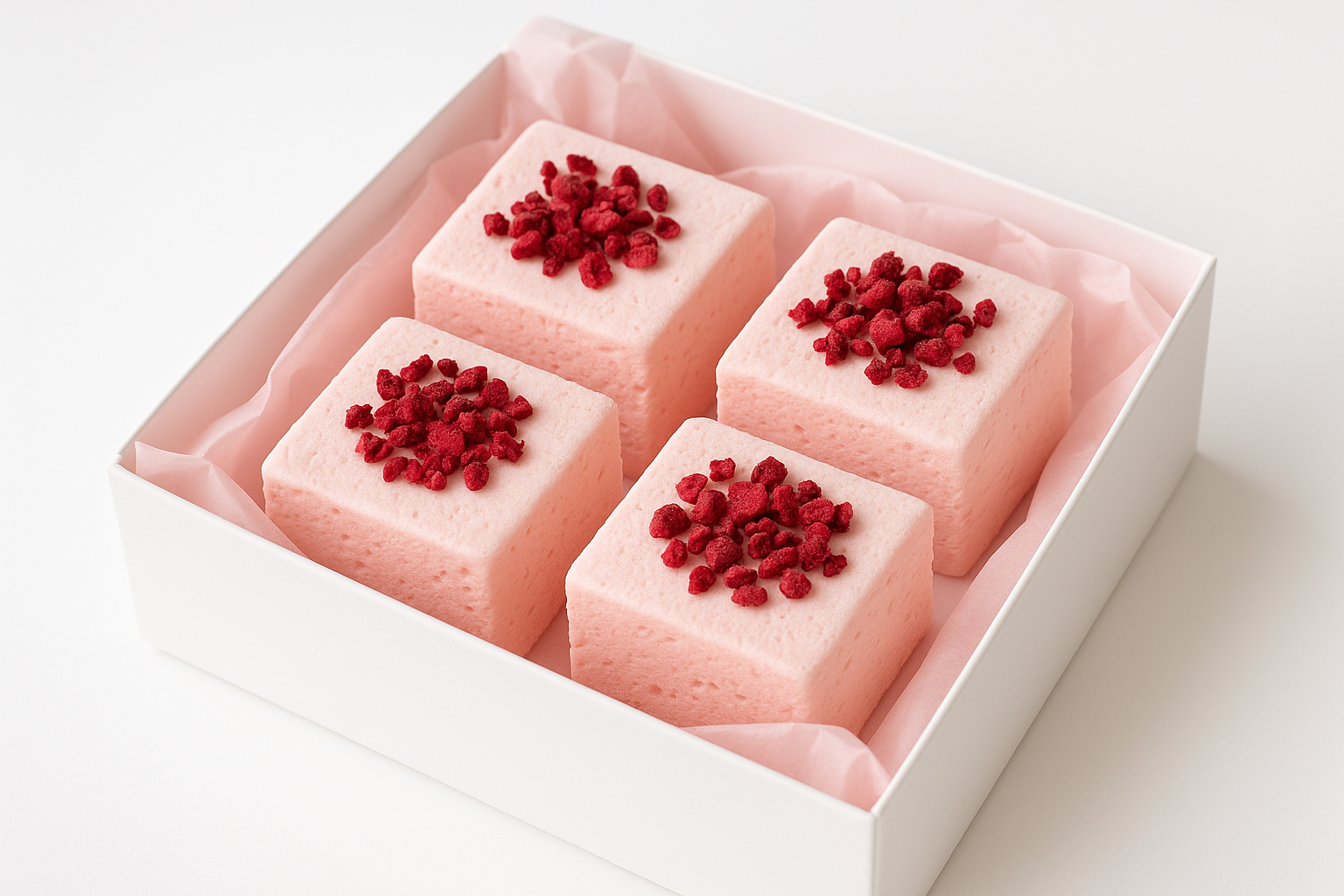 kan-du-ska-bild-på 4-mellan-stor-fyrkantig-baby-rosa-marsmello-med-fryst-torkan-hallon-på i en vit gift box med babyrosa gift papper under och-vit-background