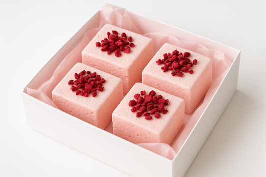 kan-du-ska-bild-på 4-mellan-stor-fyrkantig-baby-rosa-marsmello-med-fryst-torkan-hallon-på i en vit gift box med babyrosa gift papper under och-vit-background