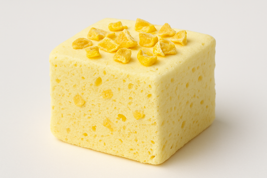 kan du ska bild på en mellan stor fyrkantig baby gul  marsmello med fryst torkade Lemon på och vit background 