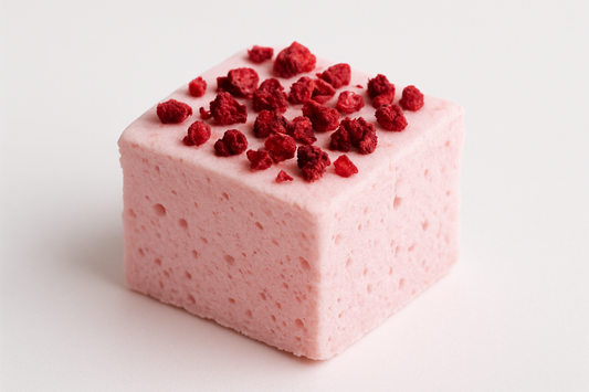 kan du ska bild på en mellan stor fyrkantig baby rosa marsmello med fryst torkan hallon på och vit background 