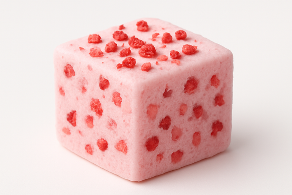 kan-du-ska-bild-p-en-mellan-stor-fyrkantig-baby-rosa-marsmello med frystorkade jordgubbe i och på -vit-background